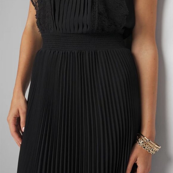 WHBM $200 Cap Sleeve Lace Detail Pleated Midi Dress Black 8 12 - Picture 6 of 11